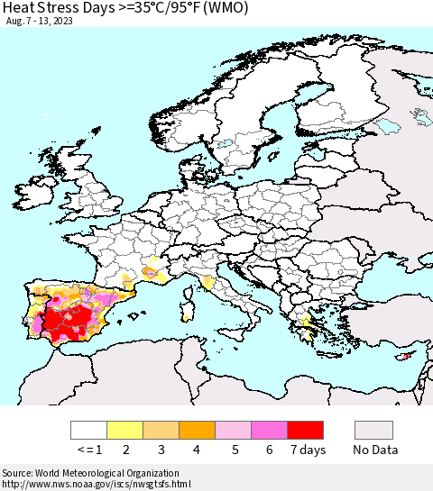 Europe Heat Stress Days >=35°C/95°F (WMO) Thematic Map For 8/7/2023 - 8/13/2023