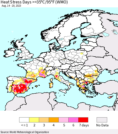 Europe Heat Stress Days >=35°C/95°F (WMO) Thematic Map For 8/14/2023 - 8/20/2023