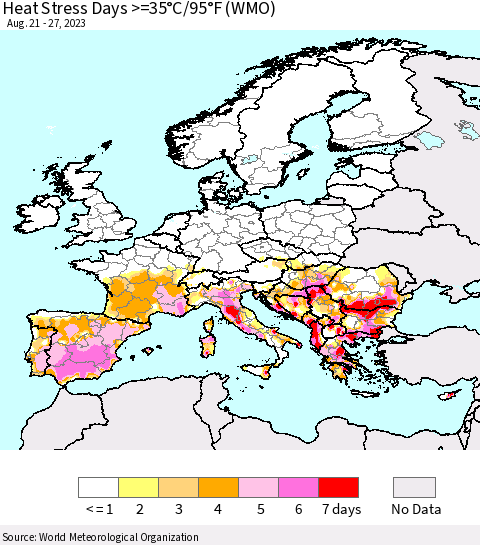 Europe Heat Stress Days >=35°C/95°F (WMO) Thematic Map For 8/21/2023 - 8/27/2023