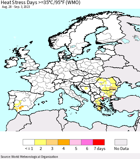 Europe Heat Stress Days >=35°C/95°F (WMO) Thematic Map For 8/28/2023 - 9/3/2023