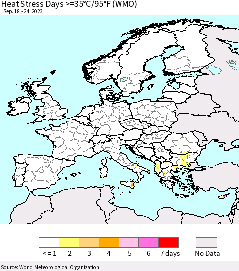 Europe Heat Stress Days >=35°C/95°F (WMO) Thematic Map For 9/18/2023 - 9/24/2023