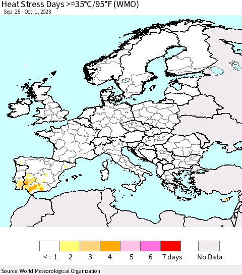 Europe Heat Stress Days >=35°C/95°F (WMO) Thematic Map For 9/25/2023 - 10/1/2023