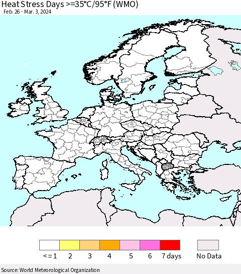 Europe Heat Stress Days >=35°C/95°F (WMO) Thematic Map For 2/26/2024 - 3/3/2024