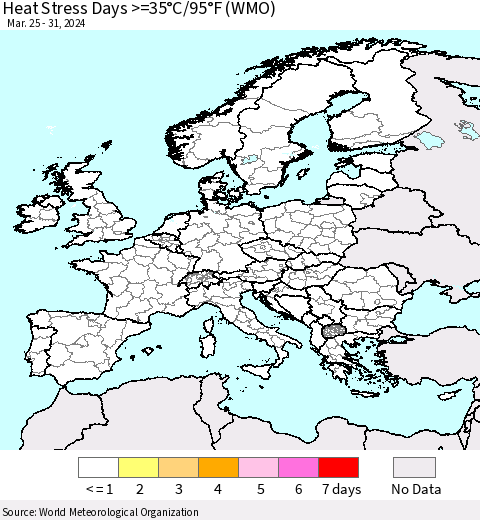 Europe Heat Stress Days >=35°C/95°F (WMO) Thematic Map For 3/25/2024 - 3/31/2024