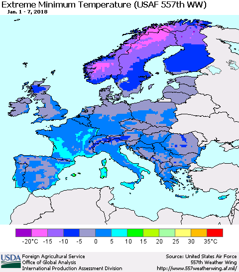 Europe Minimum Daily Temperature (USAF 557th WW) Thematic Map For 1/1/2018 - 1/7/2018