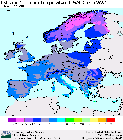 Europe Minimum Daily Temperature (USAF 557th WW) Thematic Map For 1/8/2018 - 1/14/2018