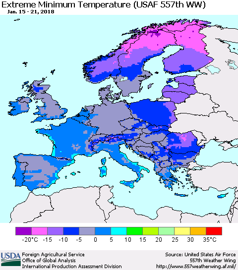 Europe Minimum Daily Temperature (USAF 557th WW) Thematic Map For 1/15/2018 - 1/21/2018