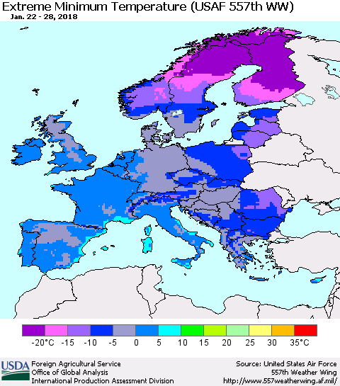 Europe Minimum Daily Temperature (USAF 557th WW) Thematic Map For 1/22/2018 - 1/28/2018