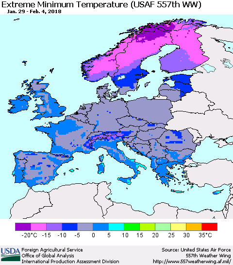 Europe Minimum Daily Temperature (USAF 557th WW) Thematic Map For 1/29/2018 - 2/4/2018