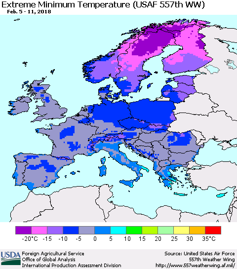 Europe Minimum Daily Temperature (USAF 557th WW) Thematic Map For 2/5/2018 - 2/11/2018