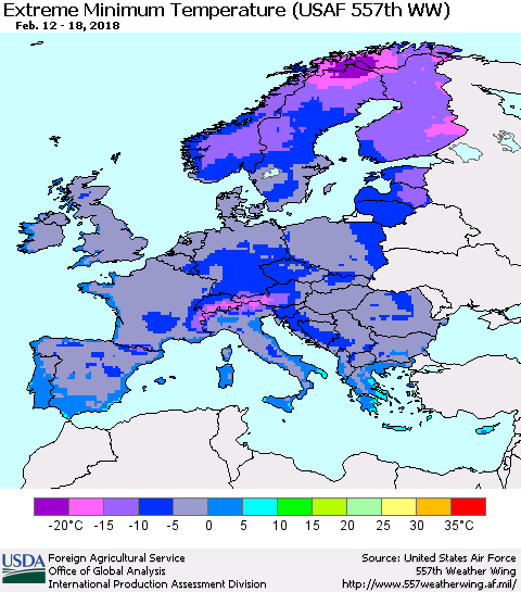 Europe Minimum Daily Temperature (USAF 557th WW) Thematic Map For 2/12/2018 - 2/18/2018