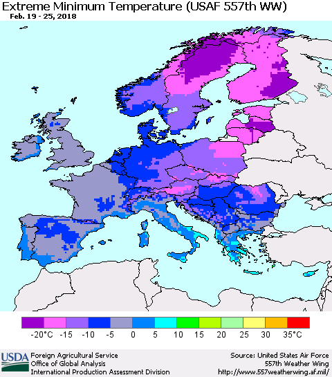 Europe Minimum Daily Temperature (USAF 557th WW) Thematic Map For 2/19/2018 - 2/25/2018