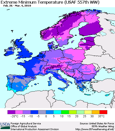 Europe Minimum Daily Temperature (USAF 557th WW) Thematic Map For 2/26/2018 - 3/4/2018
