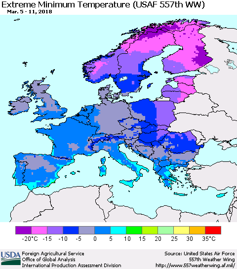 Europe Minimum Daily Temperature (USAF 557th WW) Thematic Map For 3/5/2018 - 3/11/2018