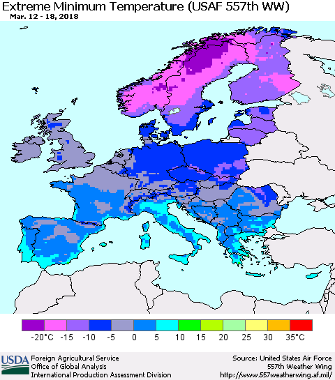 Europe Minimum Daily Temperature (USAF 557th WW) Thematic Map For 3/12/2018 - 3/18/2018