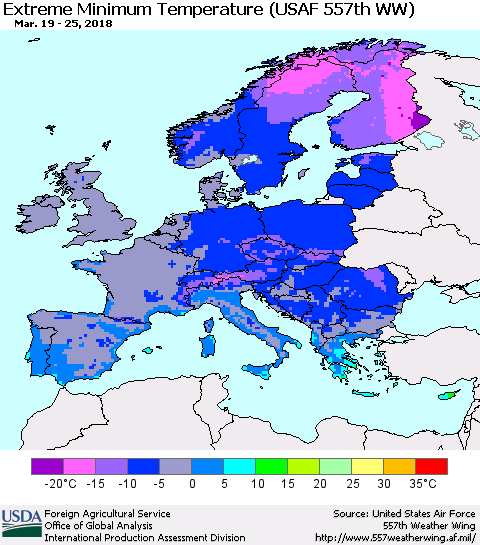 Europe Minimum Daily Temperature (USAF 557th WW) Thematic Map For 3/19/2018 - 3/25/2018