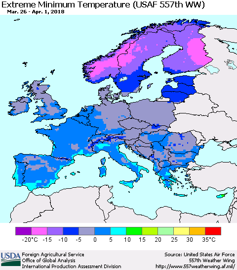 Europe Minimum Daily Temperature (USAF 557th WW) Thematic Map For 3/26/2018 - 4/1/2018