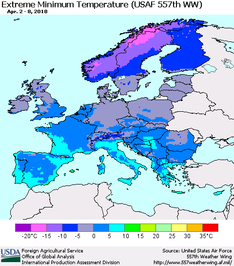 Europe Minimum Daily Temperature (USAF 557th WW) Thematic Map For 4/2/2018 - 4/8/2018