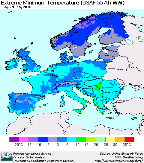 Europe Minimum Daily Temperature (USAF 557th WW) Thematic Map For 4/9/2018 - 4/15/2018