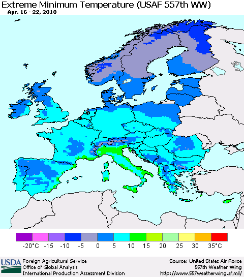 Europe Minimum Daily Temperature (USAF 557th WW) Thematic Map For 4/16/2018 - 4/22/2018