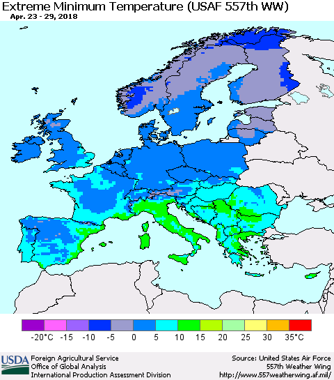 Europe Minimum Daily Temperature (USAF 557th WW) Thematic Map For 4/23/2018 - 4/29/2018