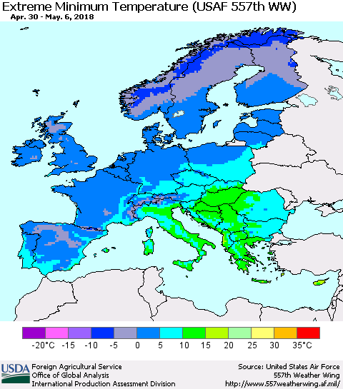 Europe Minimum Daily Temperature (USAF 557th WW) Thematic Map For 4/30/2018 - 5/6/2018
