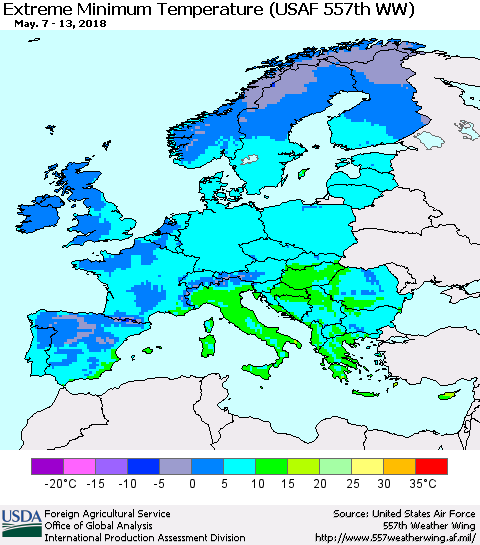 Europe Minimum Daily Temperature (USAF 557th WW) Thematic Map For 5/7/2018 - 5/13/2018