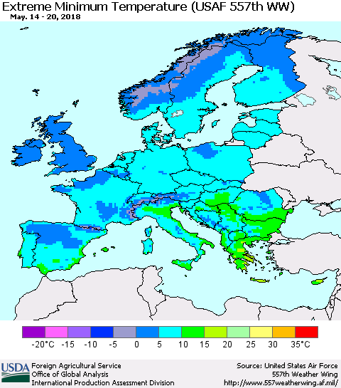 Europe Minimum Daily Temperature (USAF 557th WW) Thematic Map For 5/14/2018 - 5/20/2018