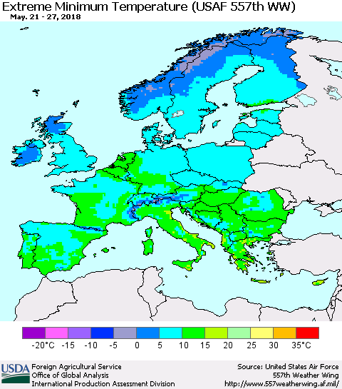 Europe Minimum Daily Temperature (USAF 557th WW) Thematic Map For 5/21/2018 - 5/27/2018