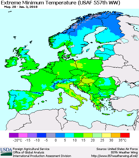 Europe Minimum Daily Temperature (USAF 557th WW) Thematic Map For 5/28/2018 - 6/3/2018