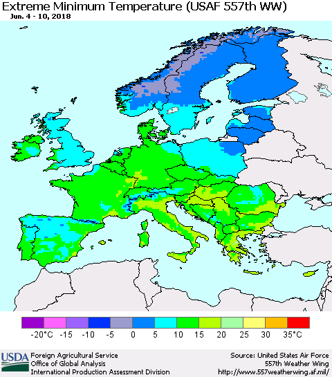 Europe Minimum Daily Temperature (USAF 557th WW) Thematic Map For 6/4/2018 - 6/10/2018