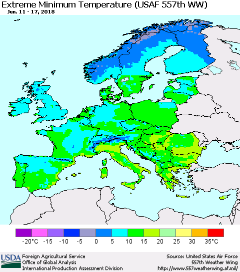 Europe Minimum Daily Temperature (USAF 557th WW) Thematic Map For 6/11/2018 - 6/17/2018