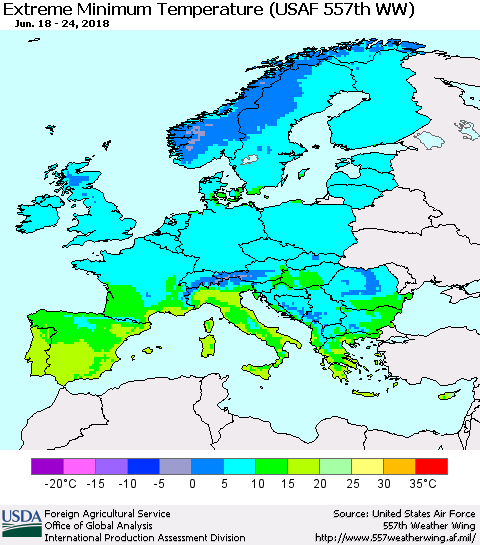 Europe Minimum Daily Temperature (USAF 557th WW) Thematic Map For 6/18/2018 - 6/24/2018