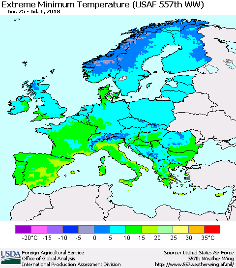 Europe Minimum Daily Temperature (USAF 557th WW) Thematic Map For 6/25/2018 - 7/1/2018