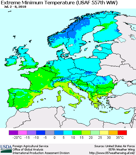 Europe Minimum Daily Temperature (USAF 557th WW) Thematic Map For 7/2/2018 - 7/8/2018