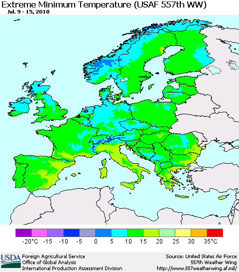 Europe Minimum Daily Temperature (USAF 557th WW) Thematic Map For 7/9/2018 - 7/15/2018