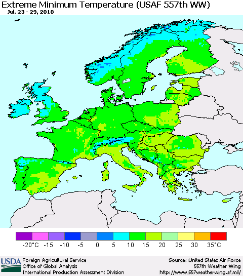 Europe Minimum Daily Temperature (USAF 557th WW) Thematic Map For 7/23/2018 - 7/29/2018