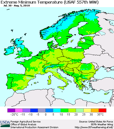 Europe Minimum Daily Temperature (USAF 557th WW) Thematic Map For 7/30/2018 - 8/5/2018