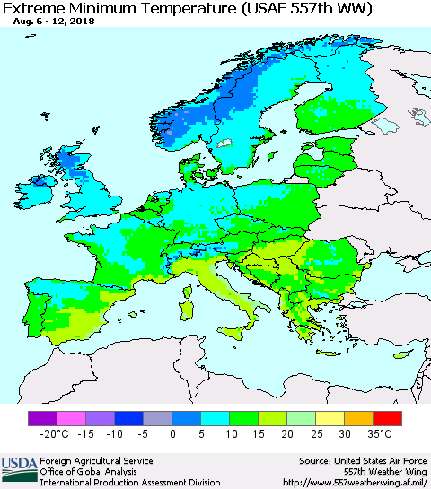 Europe Minimum Daily Temperature (USAF 557th WW) Thematic Map For 8/6/2018 - 8/12/2018