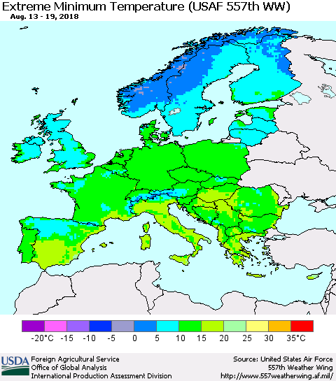 Europe Minimum Daily Temperature (USAF 557th WW) Thematic Map For 8/13/2018 - 8/19/2018