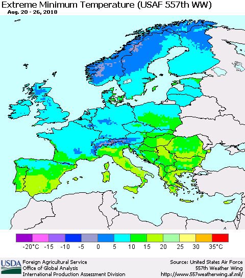 Europe Minimum Daily Temperature (USAF 557th WW) Thematic Map For 8/20/2018 - 8/26/2018