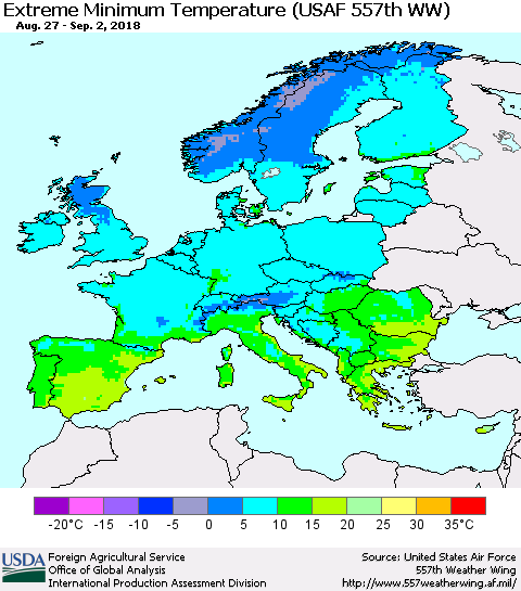 Europe Minimum Daily Temperature (USAF 557th WW) Thematic Map For 8/27/2018 - 9/2/2018