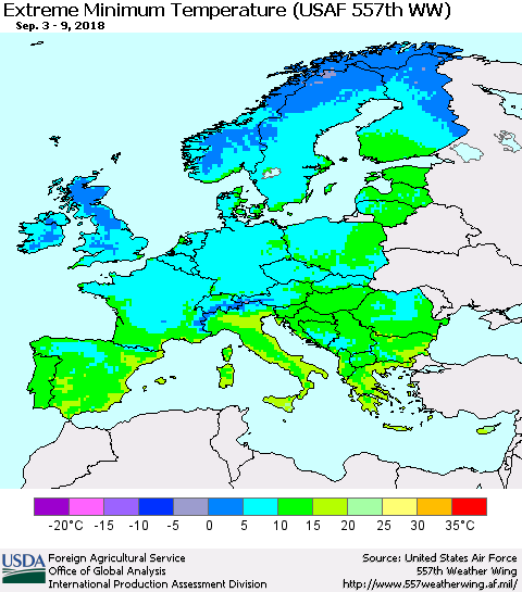 Europe Minimum Daily Temperature (USAF 557th WW) Thematic Map For 9/3/2018 - 9/9/2018