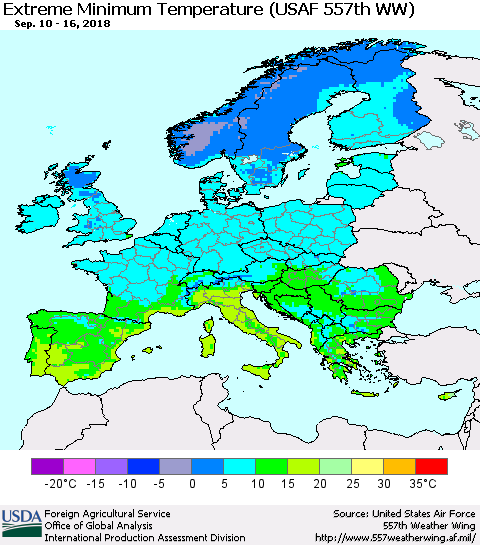Europe Minimum Daily Temperature (USAF 557th WW) Thematic Map For 9/10/2018 - 9/16/2018
