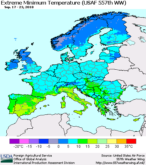 Europe Minimum Daily Temperature (USAF 557th WW) Thematic Map For 9/17/2018 - 9/23/2018