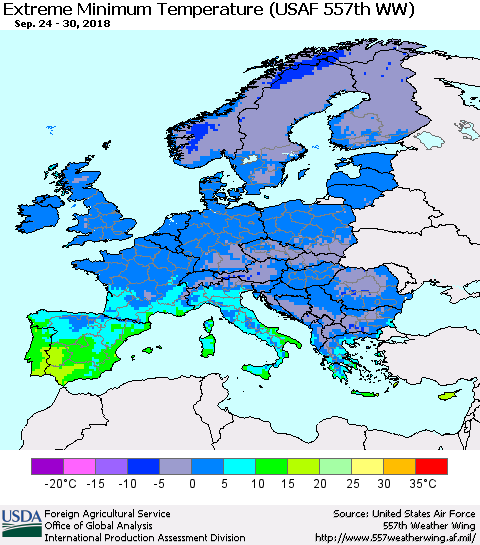 Europe Minimum Daily Temperature (USAF 557th WW) Thematic Map For 9/24/2018 - 9/30/2018