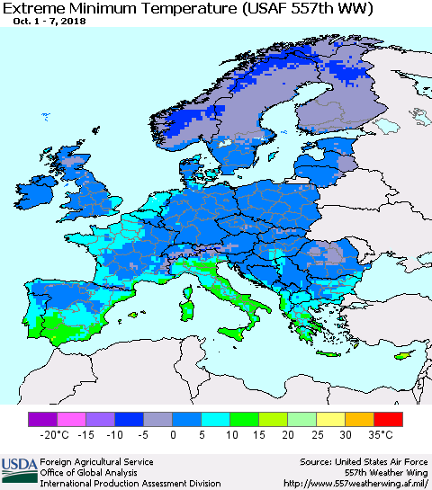 Europe Minimum Daily Temperature (USAF 557th WW) Thematic Map For 10/1/2018 - 10/7/2018