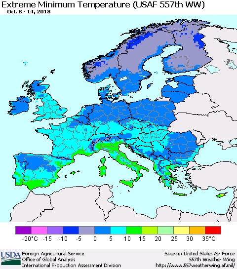 Europe Minimum Daily Temperature (USAF 557th WW) Thematic Map For 10/8/2018 - 10/14/2018