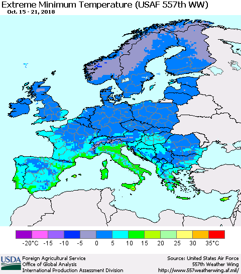 Europe Minimum Daily Temperature (USAF 557th WW) Thematic Map For 10/15/2018 - 10/21/2018
