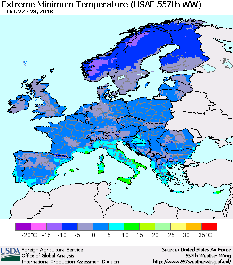 Europe Minimum Daily Temperature (USAF 557th WW) Thematic Map For 10/22/2018 - 10/28/2018